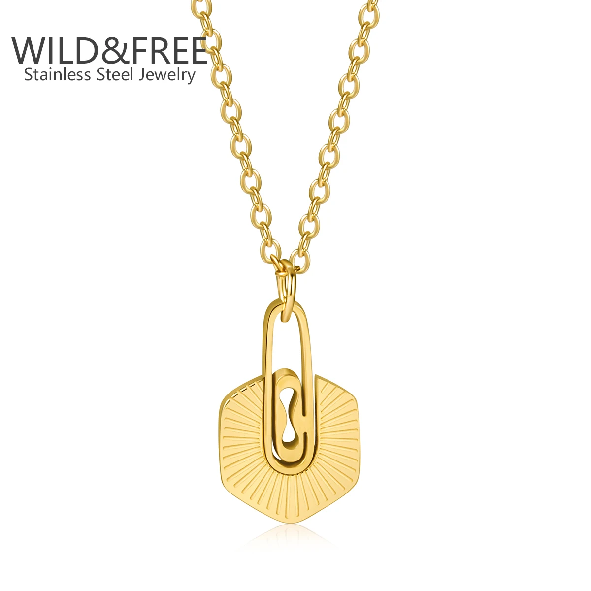 Wild & Free Exquisite Stainless Steel Necklace Real Gold Plated Radiation Texture Pendant for Women Trendy French Neck Chain