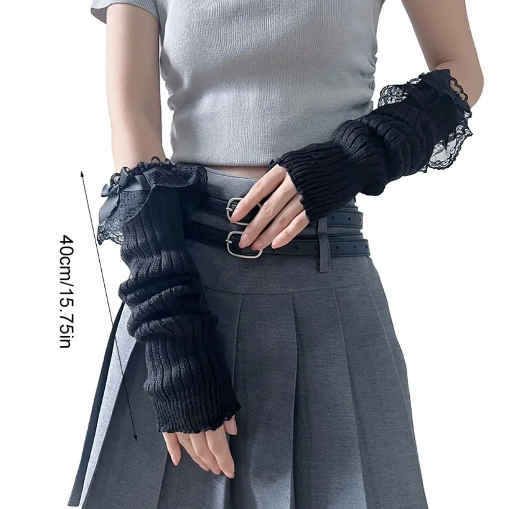 لطيف بلون القوس قفازات محبوكة القوطية Y2k الصوف كم الكفة اليد كم الدفء مدفئات للذراع الشتاء