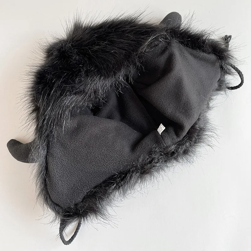 2023 new Outdoor Earflap hat Big Black Bull Cap Fleece Bomber Trapper Hat Women cute Winter warm hat for Christmas gift