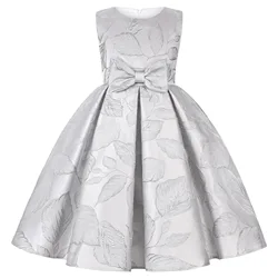 Silver Embroidery Flower Dress for Girls Thick Satin Sleeveless Kids Costume Children's Birthday Clothing 2 to 8 10 Years