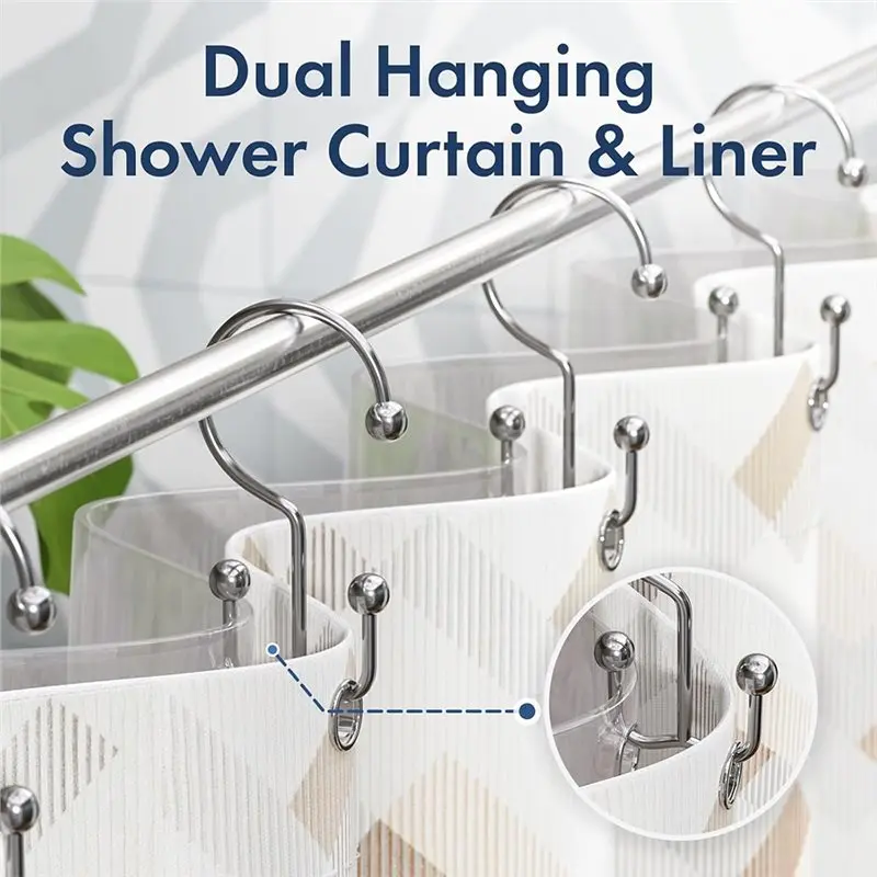 Premium-Metal Shower Curtain Hooks Rings Double Hook 24 Pcs Shower Curtain Hangers For Bathroom Shower Curtain Rod