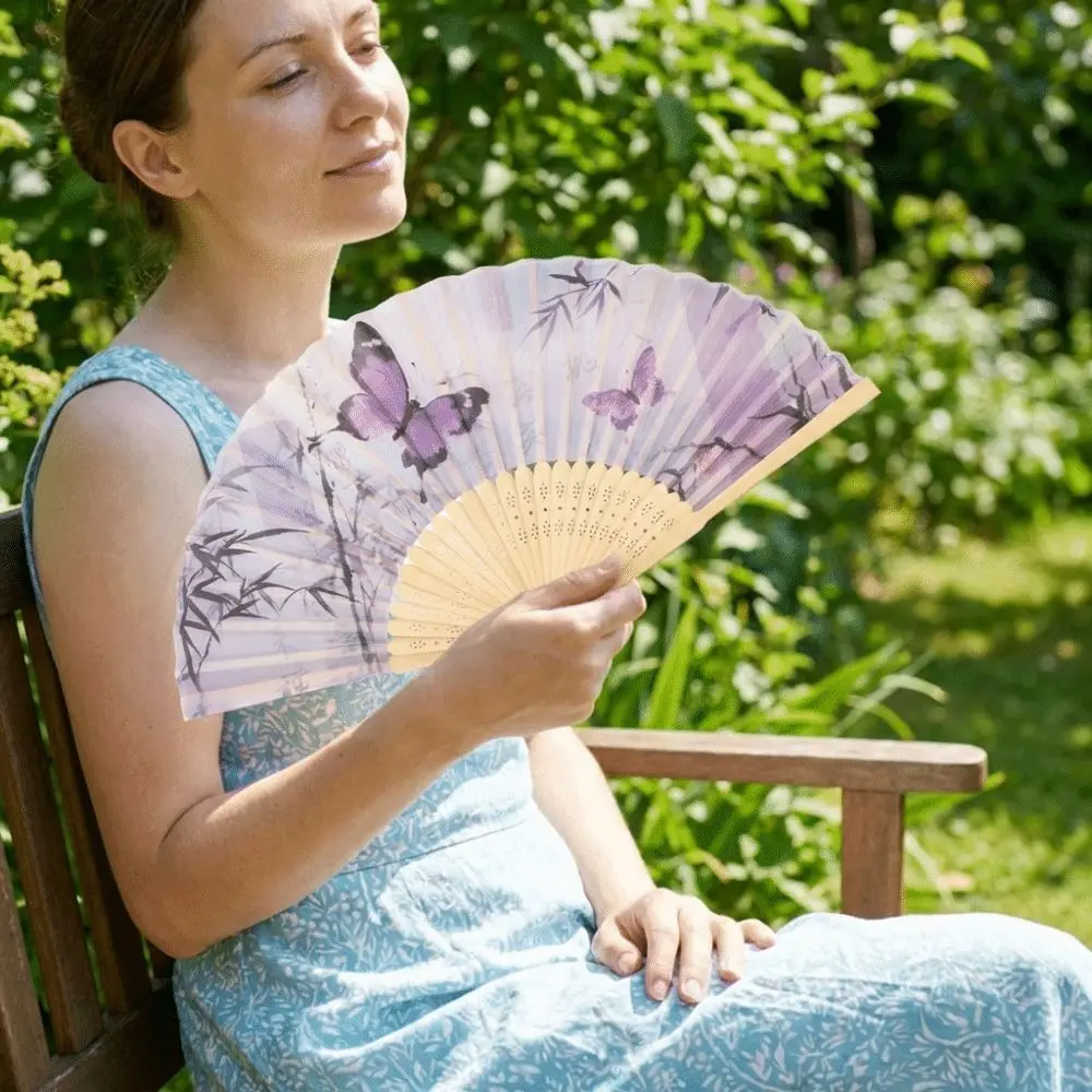 Vintage Chinese Style Silk Folding Fan Handmade Butterfly Pattern Handheld Fan Cooling with Tassel Dance Fan Dance Performance