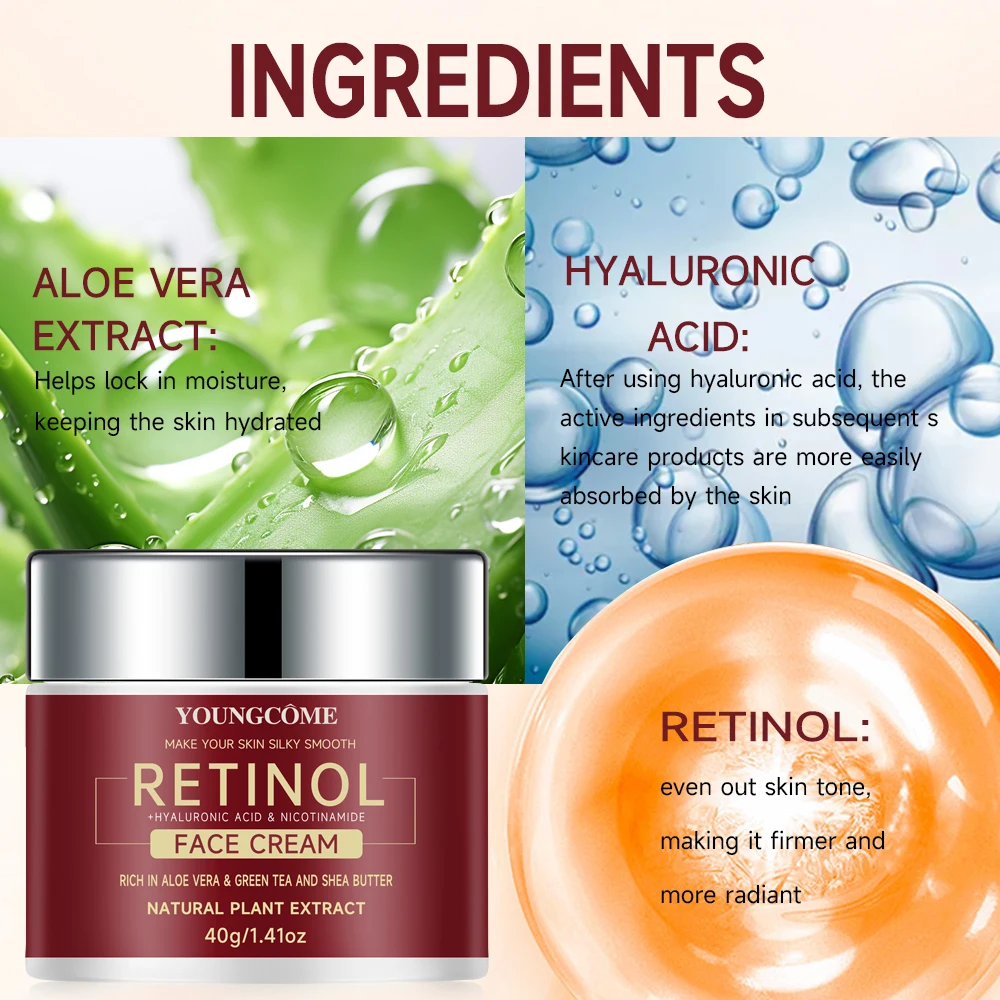 "YOUNGCOME Retinol + حمض الهيالورونيك + عينة كريم الألوة - مرطب 3 في 1 مضاد للشيخوخة 40 جرام"