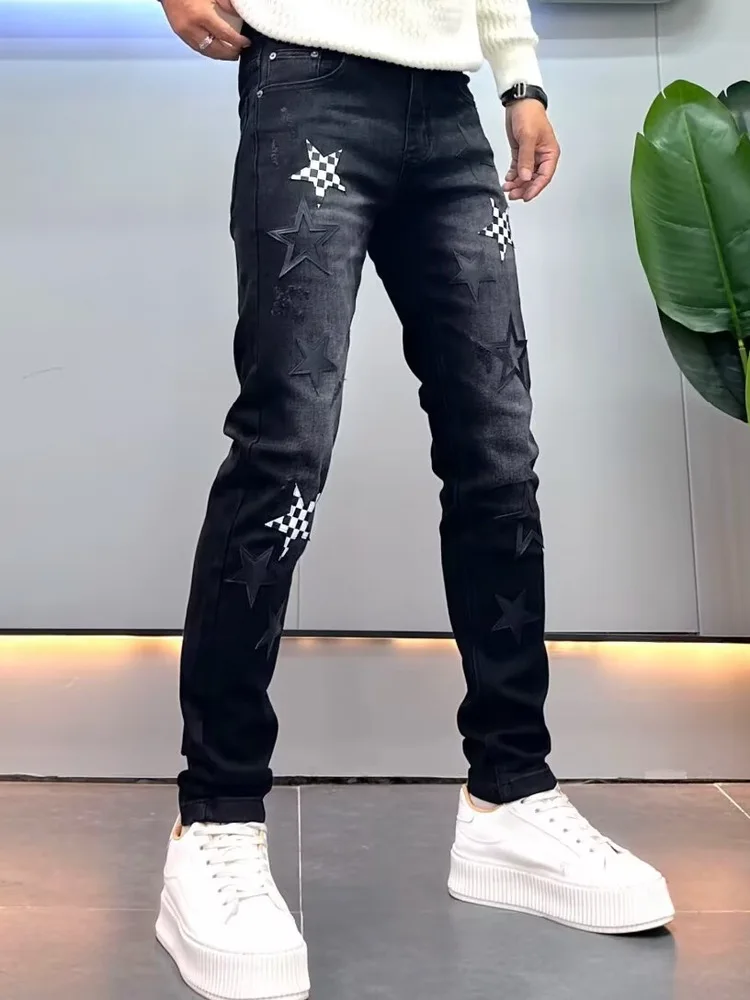 

Design Pattern Star Embroidery Men's Slim Fit Casual Jeans Black Grey Autumn New American Style Small Foot Pants