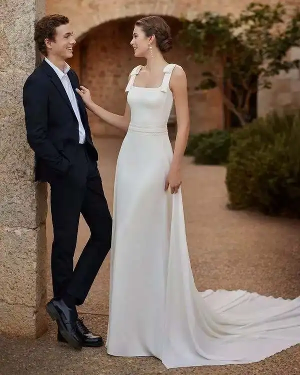 

Boho Sleeveless Chiffon Wedding Dresses 2024 Simple A Line Sweep Train Bride Gown Spaghetti Strap Square Neck Bridal Gowns