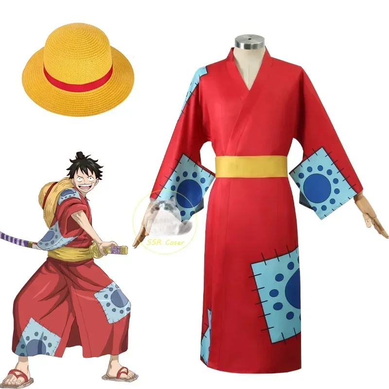 Disfraz de Cosplay de Anime Luffy, Kimono de Cosplay del País de Wano para Hombres Adultos, Sombrero, Cárdigan Rojo, Halloween