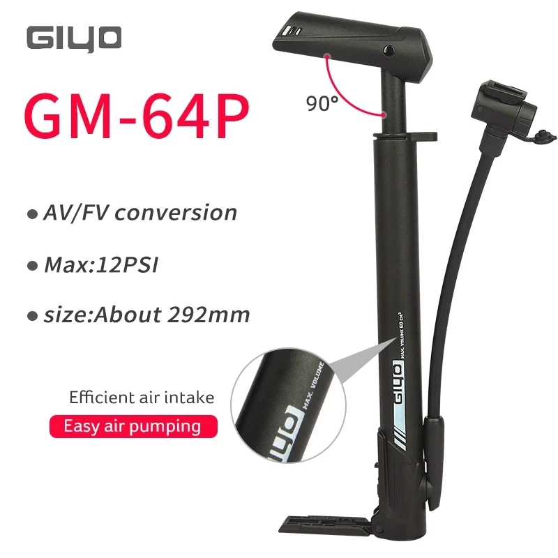 Giyo 120/140psi Floor Standing Bicycle Pump Portable Air Tire Inflator Presta/Schrader Valve Convertable MTB Road Bike Pump