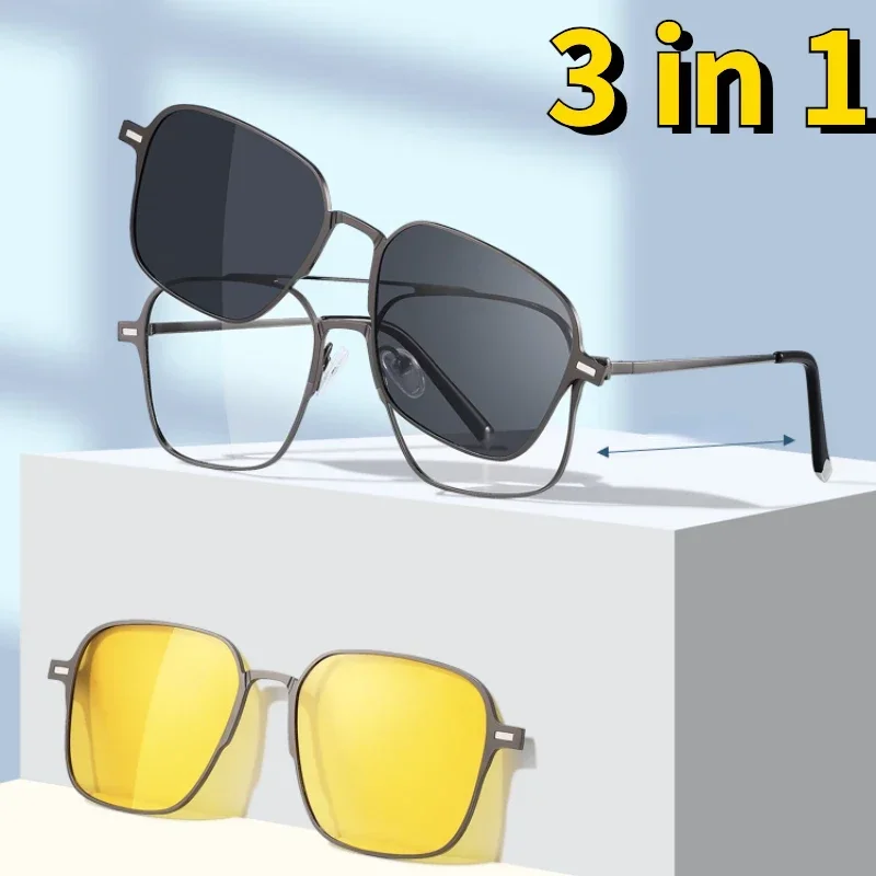 

Metal 3 In 1 New Style Magnet Clip On Glasses Frame Trend Polarized Sunglasses For Men 2023 Optical Computer Glasses UV400 7009