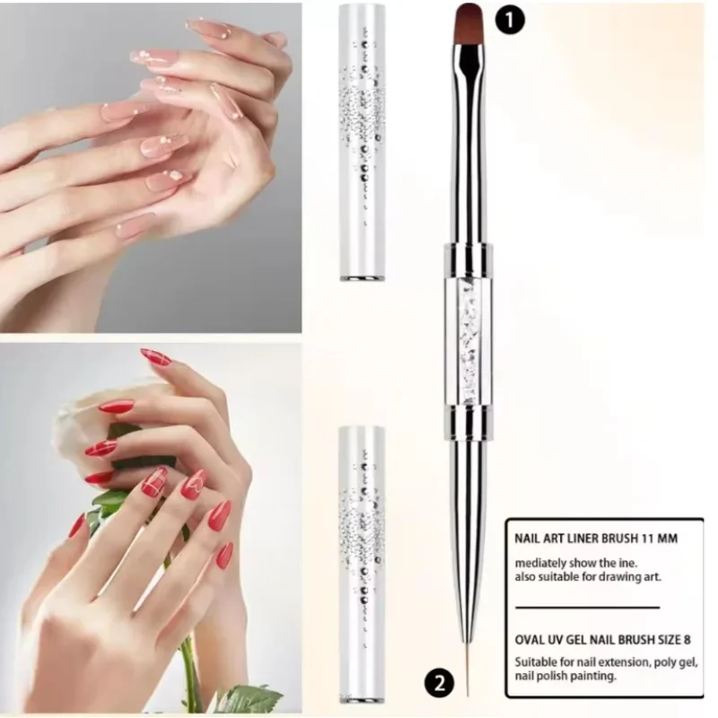 Dual-Ended Builder Gel Nail Brush, Rhinestone Handle French Tip Gel Liner Brush, Professional Manicure Nail Art Tool