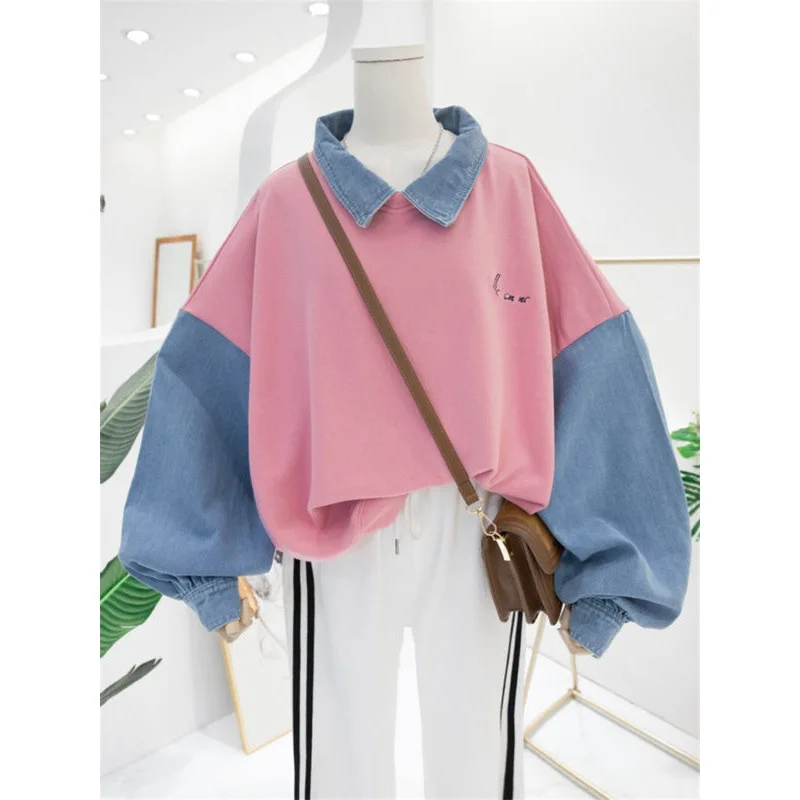 FAVRE Denim Stitching Sweatshirts Polo Lapel Contrast Pullovers Women Spring Autumn Thin Hoodies Korean Version Casual Ins Tops