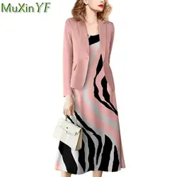 Women's Spring Summer Thin Blazers Sling Dress 2 Piece Set Office Lady Graceful Solid Color Slim Jacket Camisole Outfits 2022