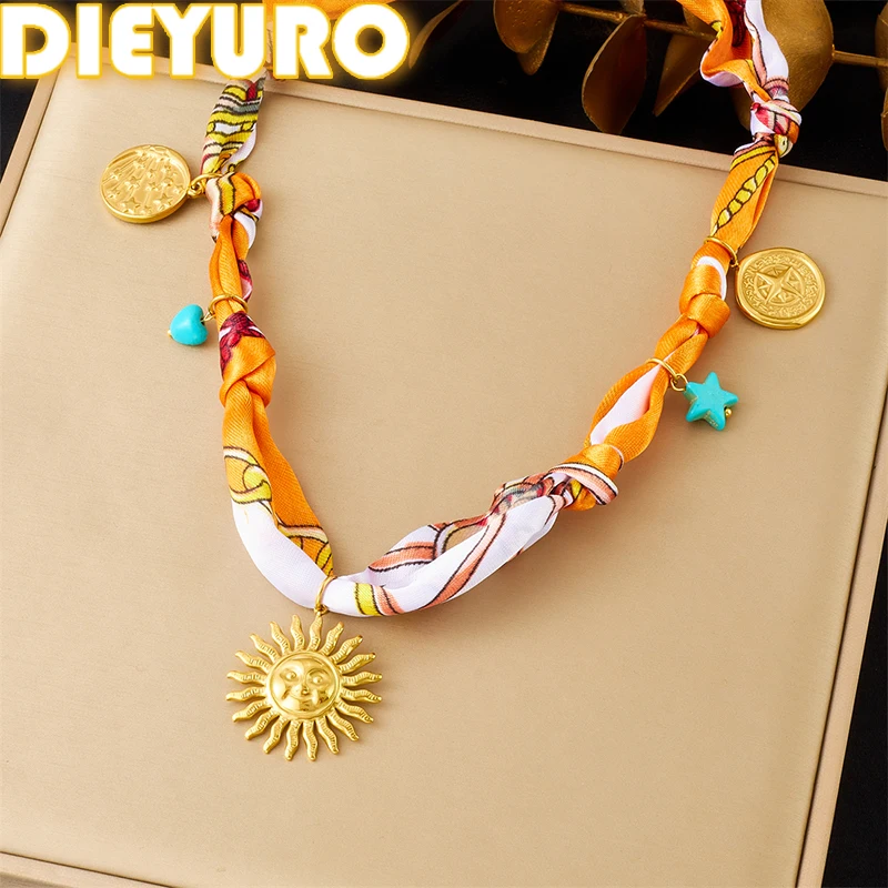 

DIEYURO 316L Stainless Steel Golden Face Sun Pendant Orange Pattern Ribbon Necklace Lady Trend Waterproof Neck Chain Jewelry