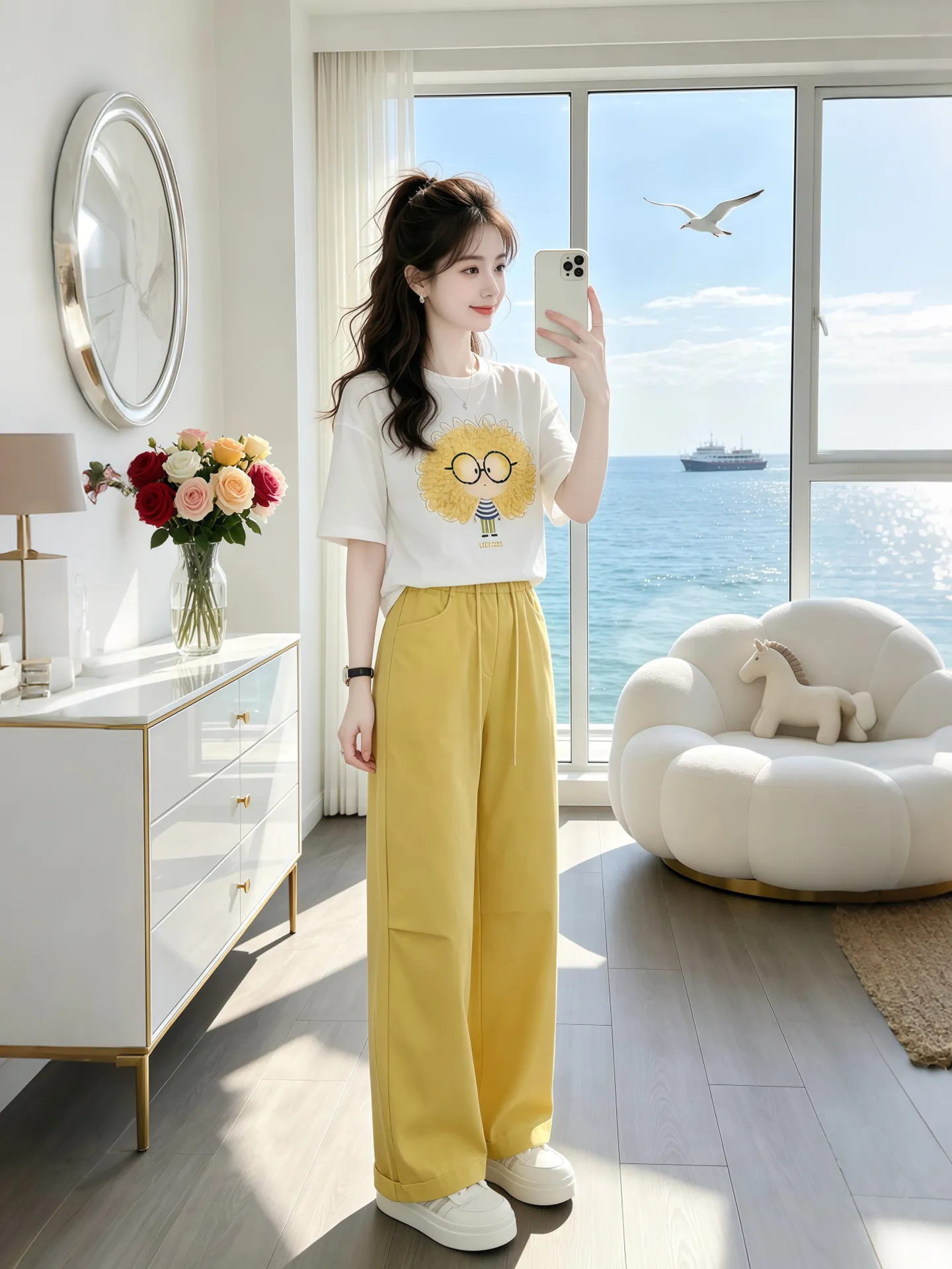 

Fashionable Printed Top And Straight Leg Pants Women's Set Summer New Style Age Reduction Design Sense Stylish Outfit