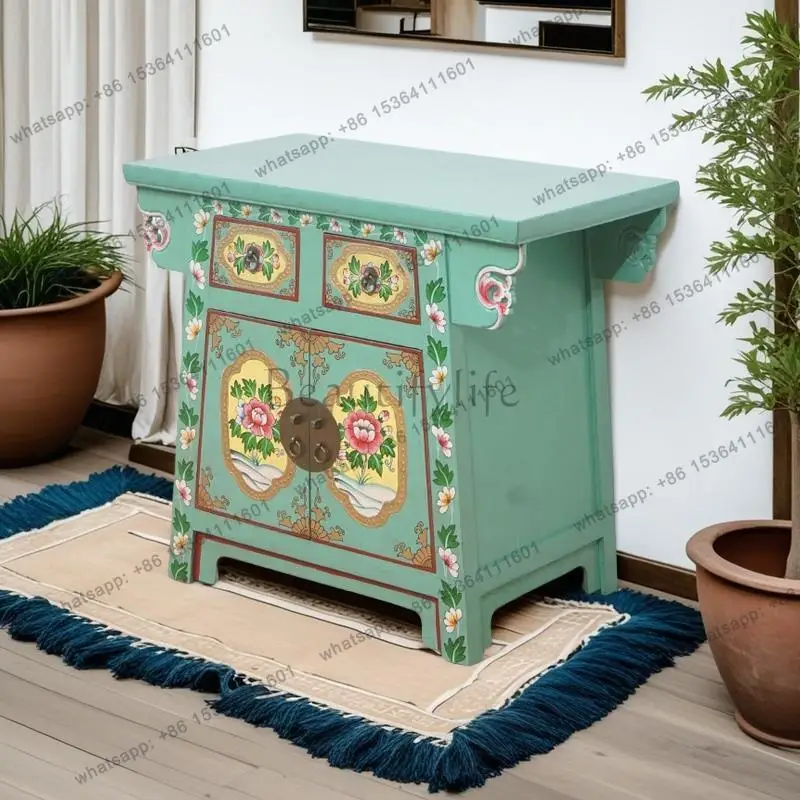 New Chinese solid wood bedside table retro painted storage decorative cabinet