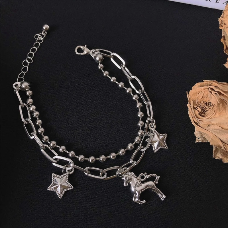 Single Horn Horse Bracelet Cool Girl Hip Hop Double Layer Star Pendant Bangle Simple Versatile Fashionable Wrist Jewelry