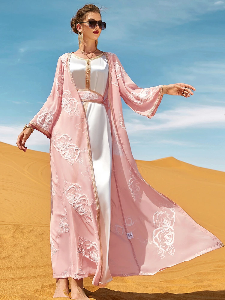 Morocco Party Dress for Women Muslim Two Piece Suit Inner Dress & Abaya Embroidery Flowers Ramadan Caftan Kaftan Vestidos Eid