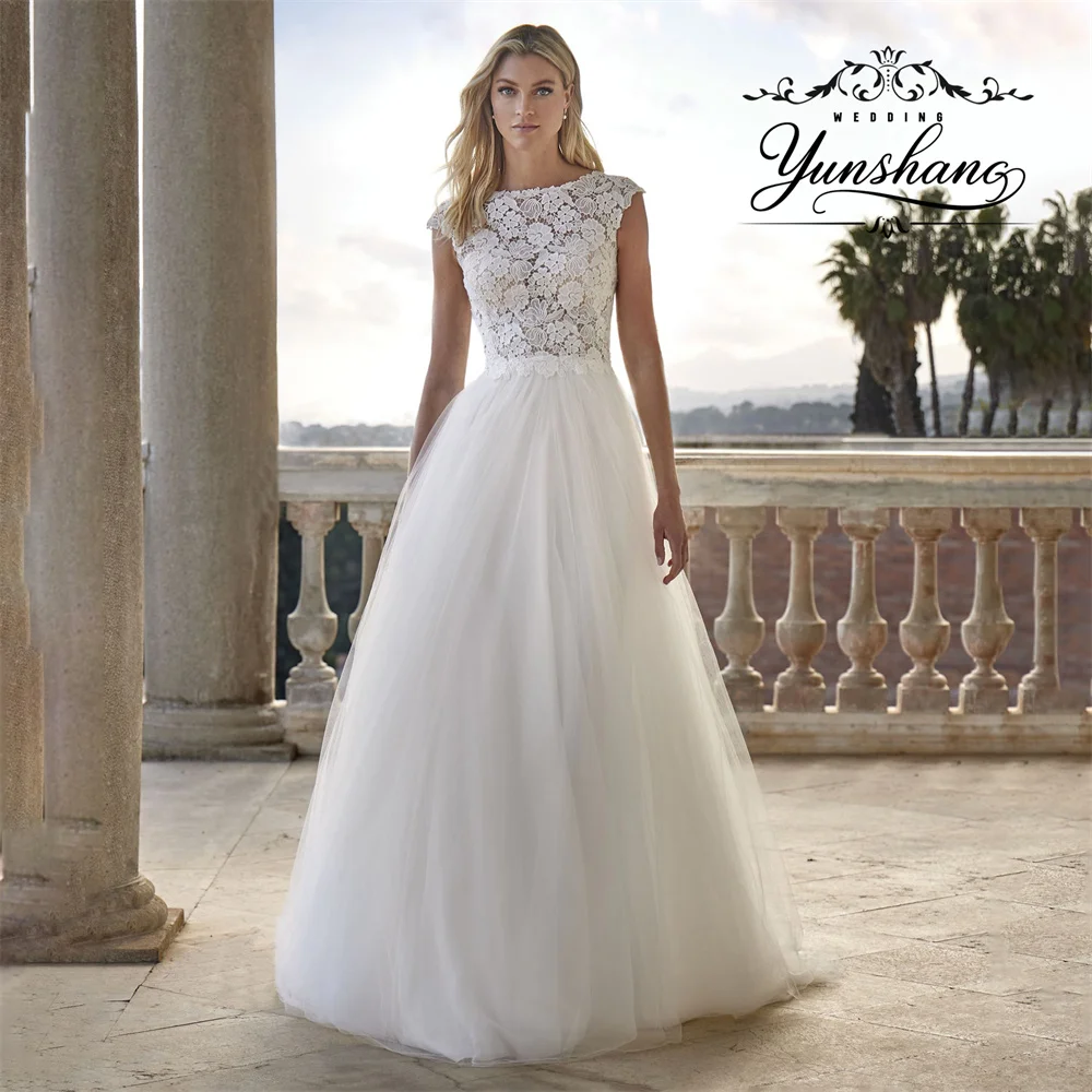 

YunShang Customized O-Neck Tulle Backless A-Line Wedding Dress Sweep Train Lace Embroidery Appliques Sleeveless Elegant Ruffles
