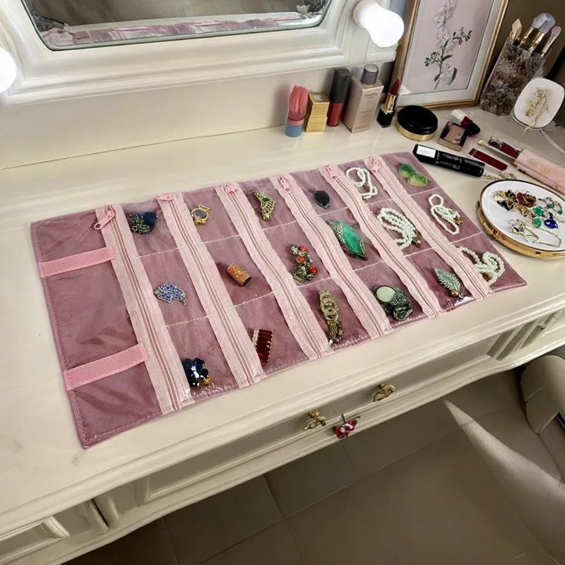 

Портативная пылезащитная сумка для ювелирных изделий из ПВХ на молнии с отделением для подвесок, браслетов, колец, сережек, хранения, бархатный рулон ювелирных изделий