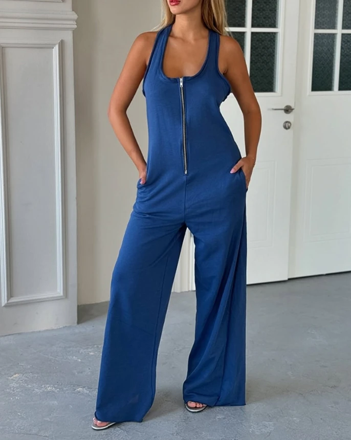 

Fashion Spring 2025 Women's Jumpsuit Retro Elegance Halter Sleeveless Front Zipper Design Jumpsuit Casual Overall with Pocket