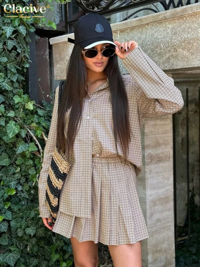 Clacive Fashion Loose Khaki Plaid Women's Two Pieces Set 2025 Elegant Long Sleeve Shirt With High Waist Mini Skirt Set Female