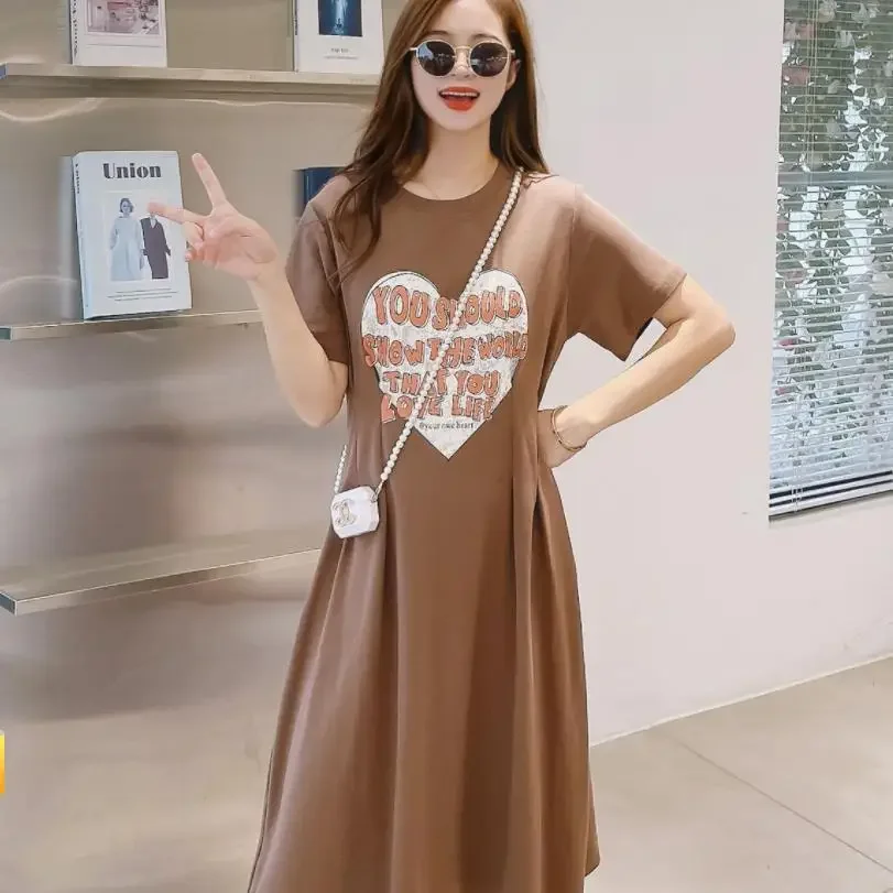 2026 Korean style parent-child clothing summer fashion solid color printed mother daughter short sleeved round neck casual dress - view 3