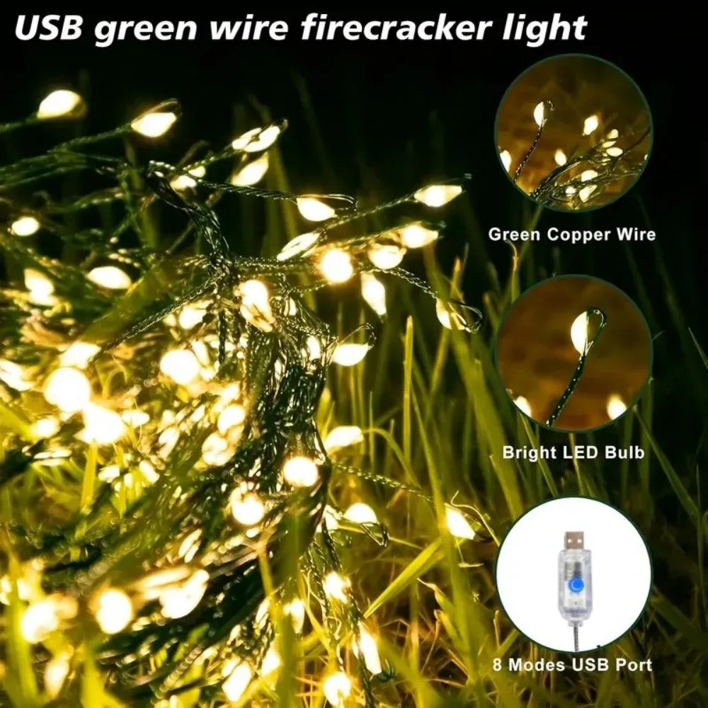 USB Dark Green LED Firecracker Light with 8 Flashing Modes for Decorating Christmas Trees, Ceilings, Bedrooms, windows