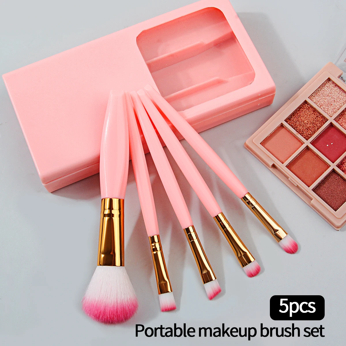 5 pçs mini conjunto de escova de maquiagem de viagem com caixa de armazenamento de espelho, escova de blush de cerdas macias, pincel de sombra, pincel labial e pincel corretivo