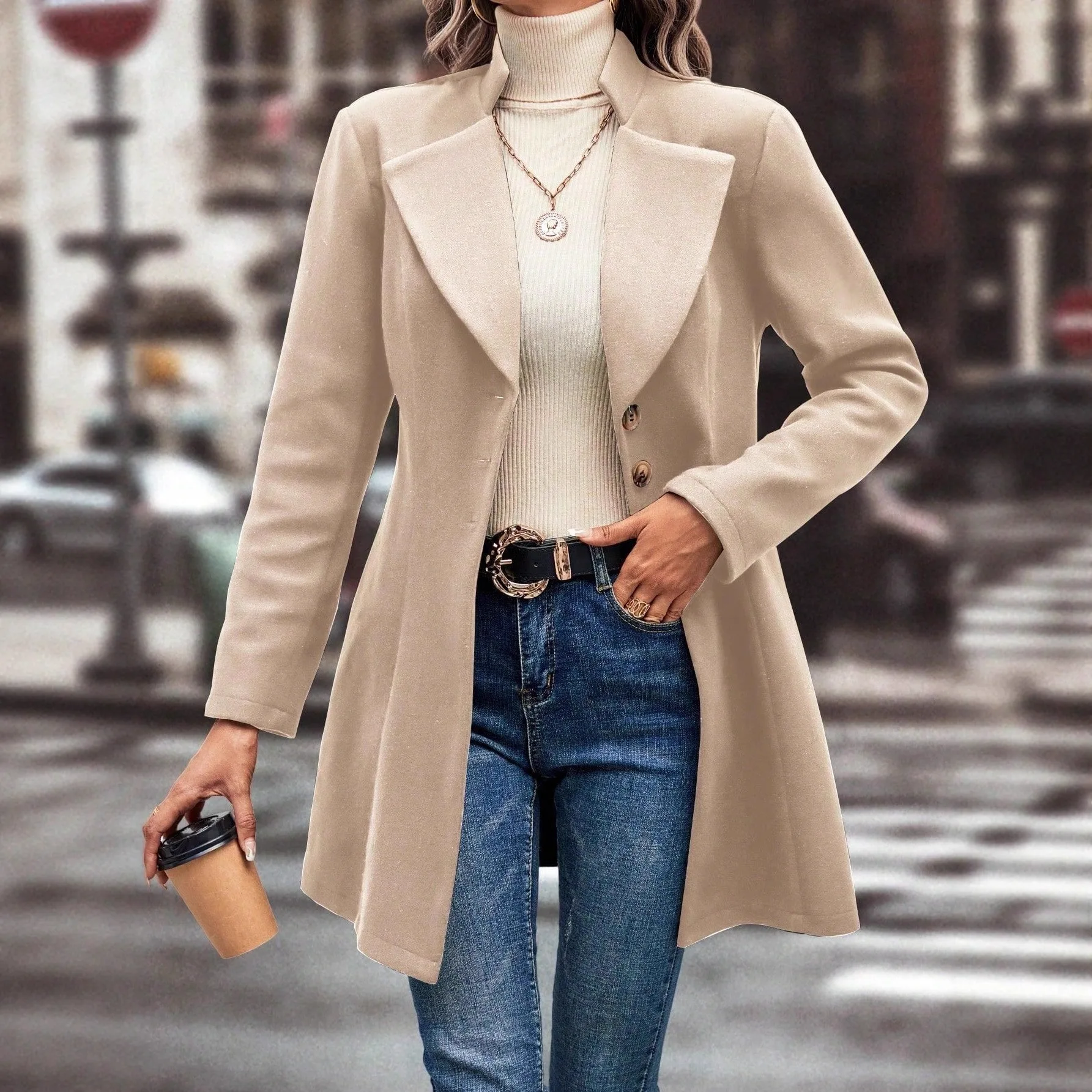 

2025 Winter Women's Tweed Coat Notched Lapel Solid Color Mid-Length Overcoat European American INS Style Fashion Outerwear