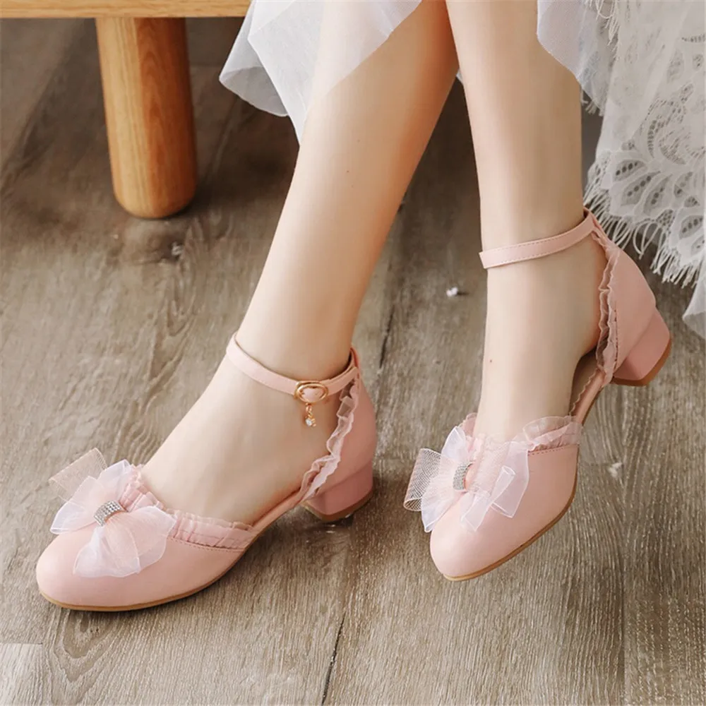 

2024 Spring Autumn Women High Heels Mary Jane Pumps Party Wedding White Pink Lace Bow Princess Cosplay Lolita Shoes Size 31-43