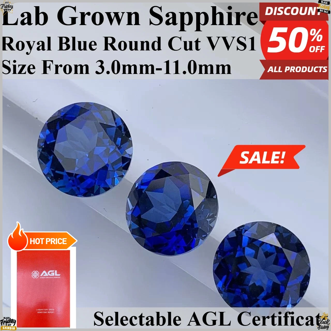 Round Cut  Lab Grown Sapphire Royal Blue Multiple Faceted Emerald Cut Loose Gemstone DIY Jewelry Making Material AGL Certified