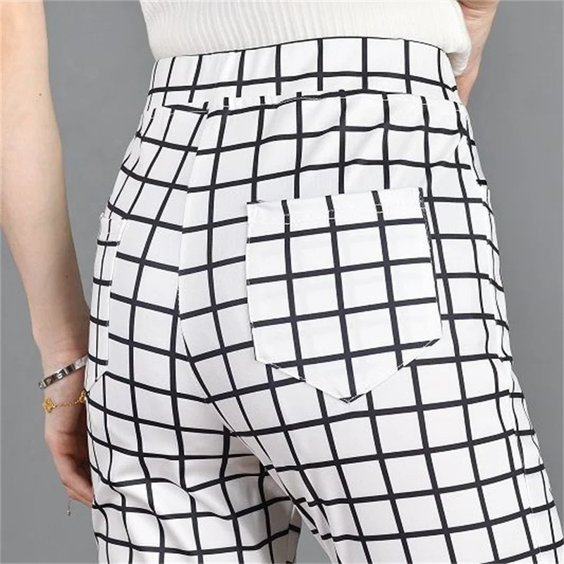 Black And White Checkered Printed Pants Women Stretch Versatile Straight Simple Trousers 2024 Spring Autumn NewWomen\'s Pants