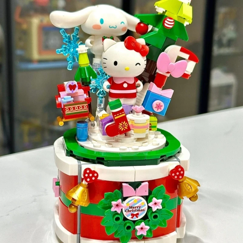 Keeppley Building Blocks Sanrio Wishing Christmas Music Box Hello Kitty Cinnamoroll Splicing Movable Toy Model Ornaments Gift