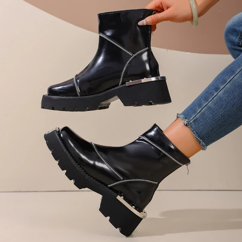 ربيع الخريف الأحذية الحديثة موضة زخرفة المعادن النساء Bootie سميكة وحيد كعب مربع أحذية مريحة الظهر سستة حذاء بوت بطول الكاحل #1