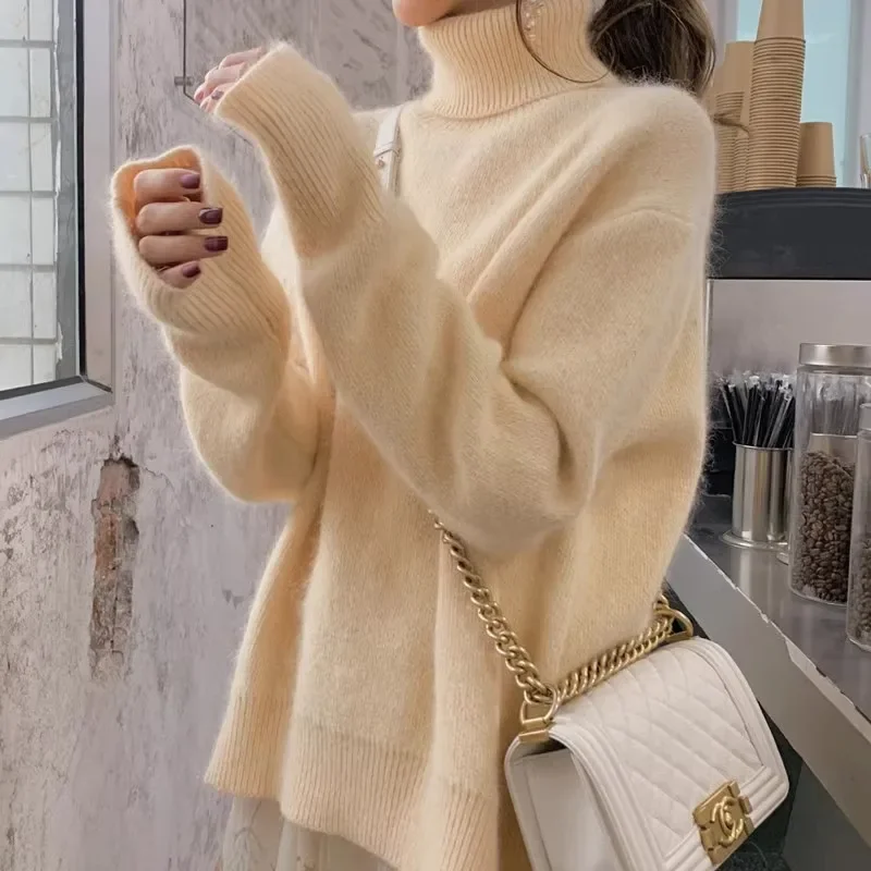 2024 NEW Women Winter Turtleneck Long Sleeve Knitted Sweater Women Loose Big Size White Fluffy Pullover Angora Soft Sweater