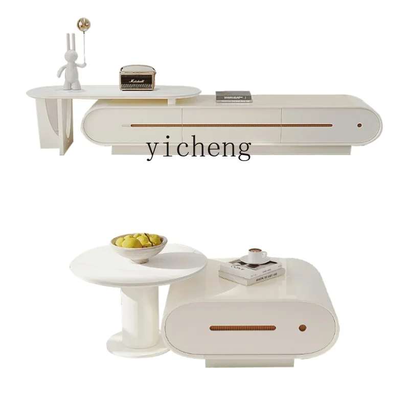 

ZK Tempered Glass Coffee Table TV Cabinet Combination Retractable Stone Plate Floor Cabinet Size Square round Tea Table