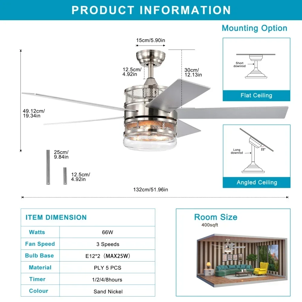 52-calowy wentylator sufitowy z 5 łopatkami sklejki, wentylator sufitowy z podwójnym kloszem i pilotem zdalnego sterowania (opcjonalny pilot) - nikiel satynowy