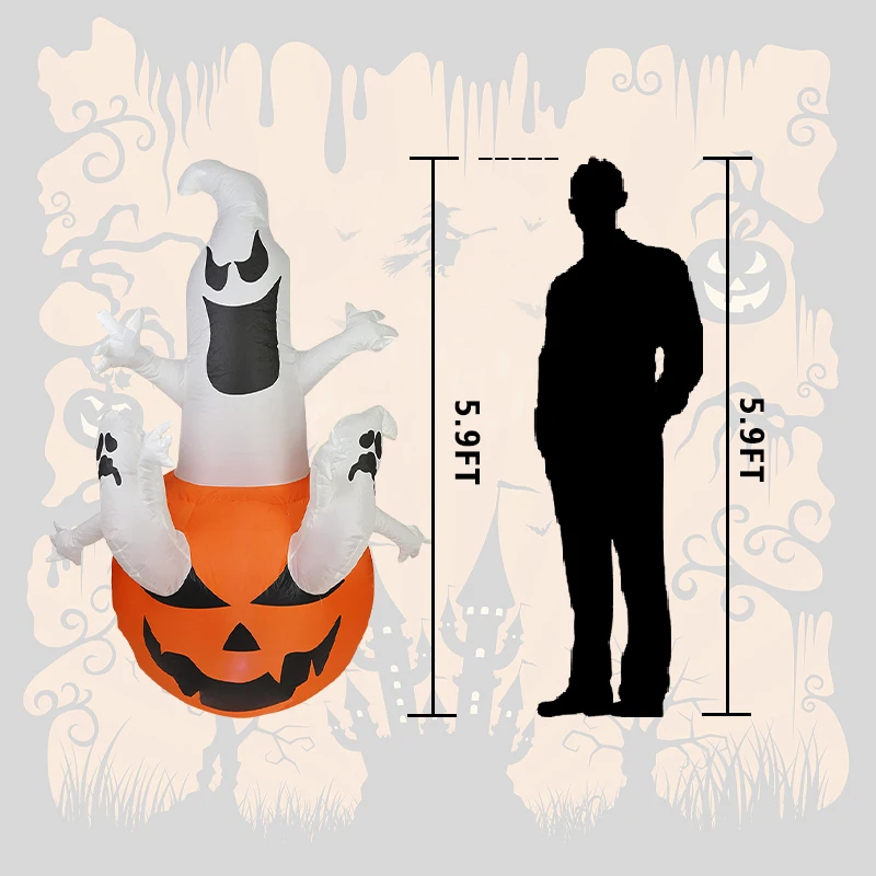 70in Halloween Decoration Air Pumped Ghost On Pumpkin Outdoor Yard Inflatable Toy Festival Blow-Up Party Decor with LED Built-in