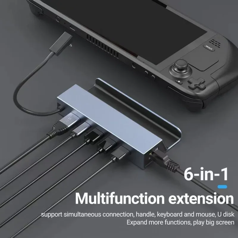 6-in-1 Docking Station with 4K HDMI-compatible, Ethernet, 3 USB and PD100W Charge, Compatible with Steam Deck/ROG Ally/Legion Go