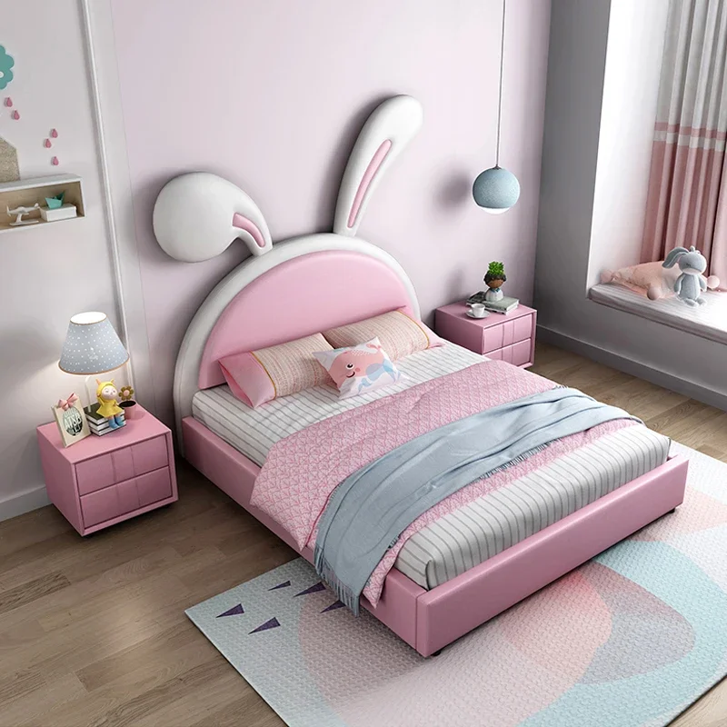 Hot Selling Luxury Pink Children Bed Room Furniture Modern Rabbit Cartoon Beds Design Leather Girl Princess Bed