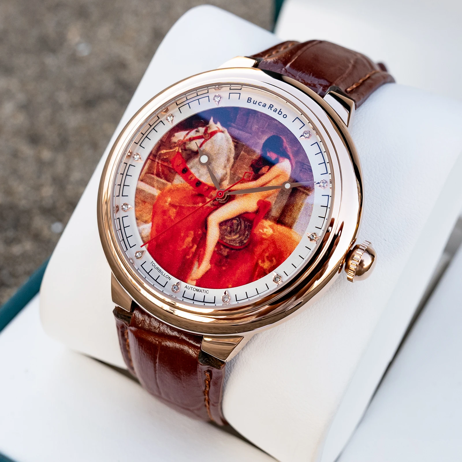 OBLVLO 45mm Men's Designer Automatic Watch Rose Gold Case Brown Leather Strap Classic Mechanical Timepiece with Lady Pattern
