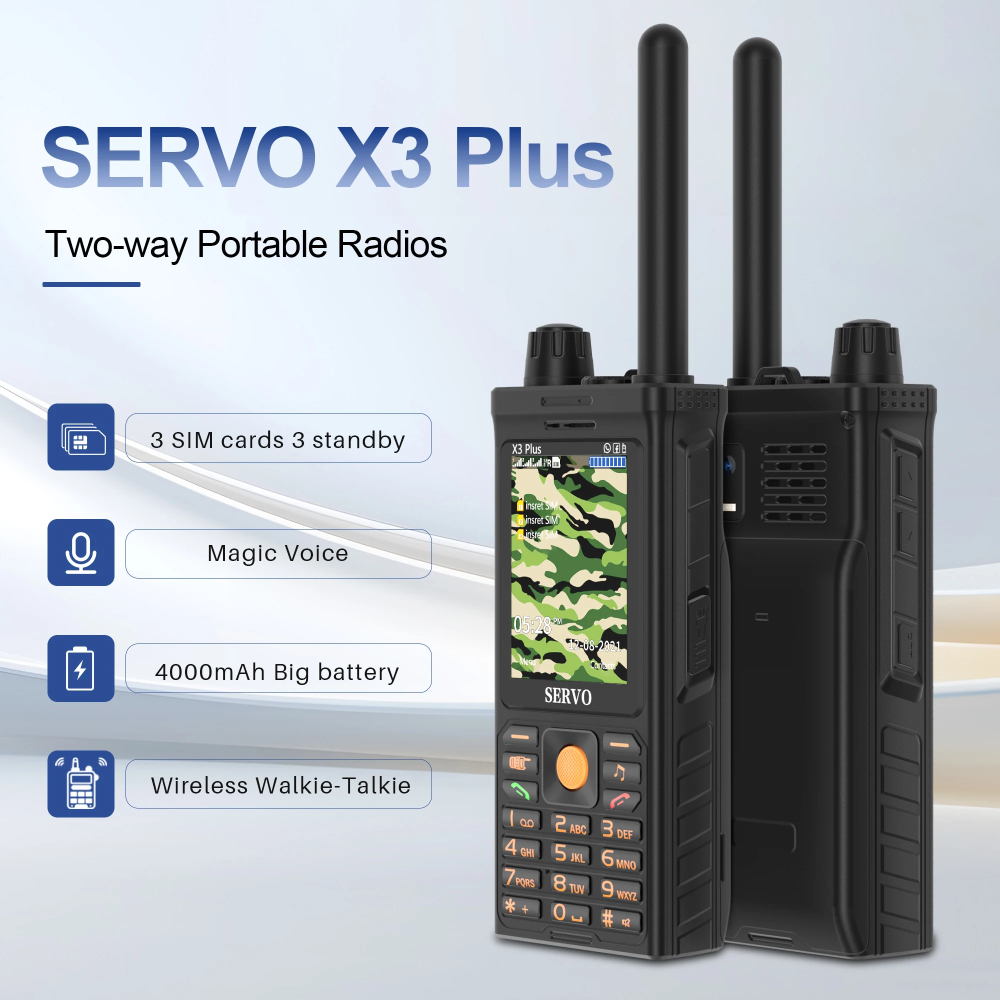 SERVO X3 Plus Walkie Talkie Phone 3 SIM Cards UHF Long Range Two Way Radio Mobile Phones Power Bank Speed Dial Auto Record Call