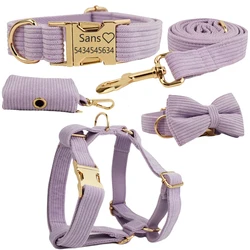 Dog Collars Personalized Harness Corduroy Dog Collar Name for Small Medium Dogs Harness Leash Lead Set Bow tie Poop Bag Holder