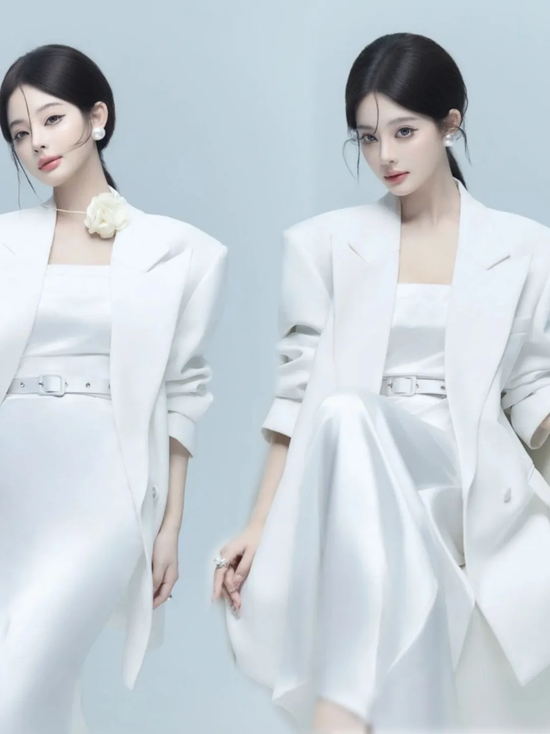 

Стильный женский костюм для фотосессий: корейский стиль, портретный образ для фотостудии, модный образ для личных фотосессий.