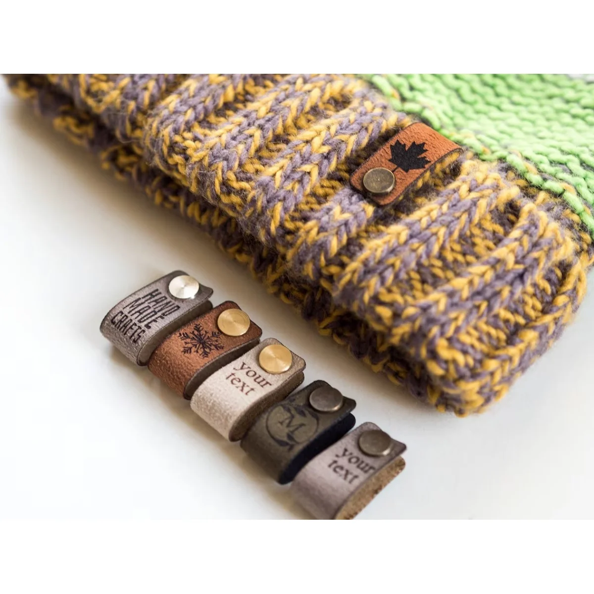 Custom Small Labels With Rivet, Knitting Beanie Tags, Personalized Leather Tags, Crochet tags, Leather Label for Knitted items,