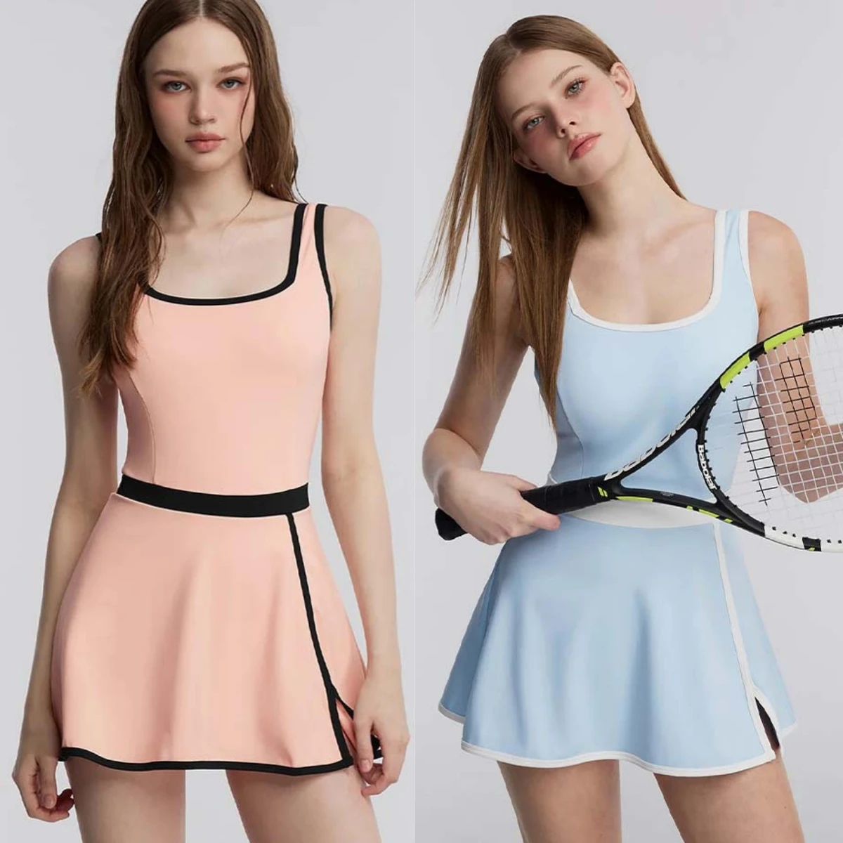 Women Sleeveless Square Neck Tennis Dress Built-in Shorts and bra Contrast Dress Golf badminton Workout Athletic Sport Dress