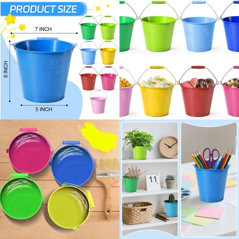 

6 x 7 Decorative Metal Bucket with Handle, Set of 8 for Planters, Crafts, Parties, and Decorative Use
