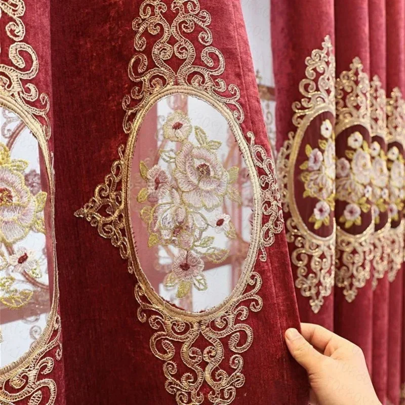 

European Chenille Embroidered Red Curtains for Living Dining Room Bedroom Yarn Finished Balcony Floor To Ceiling Wedding Room