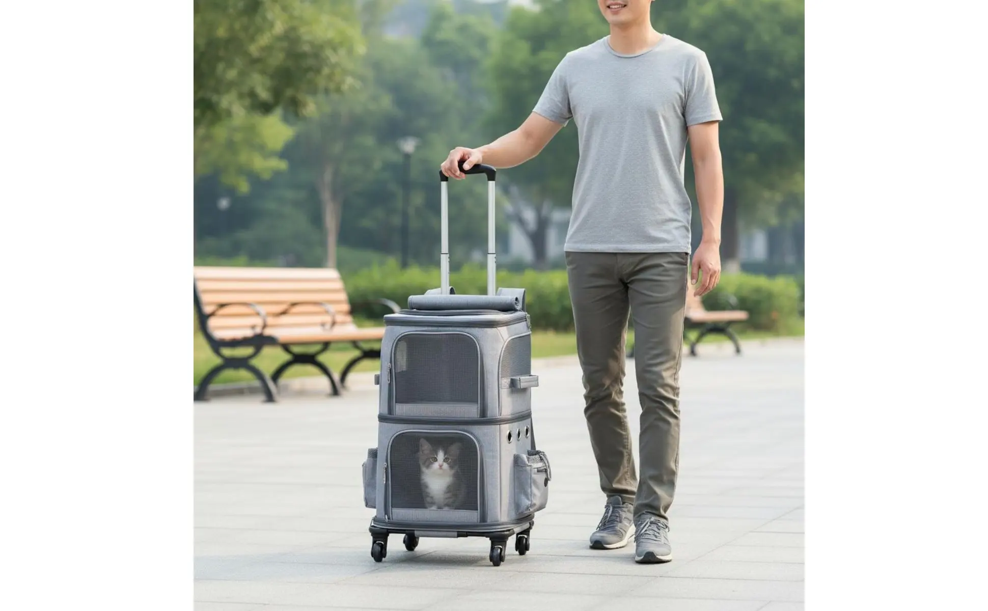 Double-Deck Pet Carrier Breathable Pet Trolley Bag Feline Travel Carrier Telescopic Handle Dog Travel Bag Portable for Vet Visit
