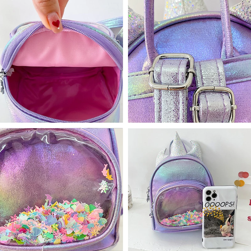 Mochila escolar con lentejuelas para niños, bolsa de libros con diseño de unicornio bonito, transparente, para guardería