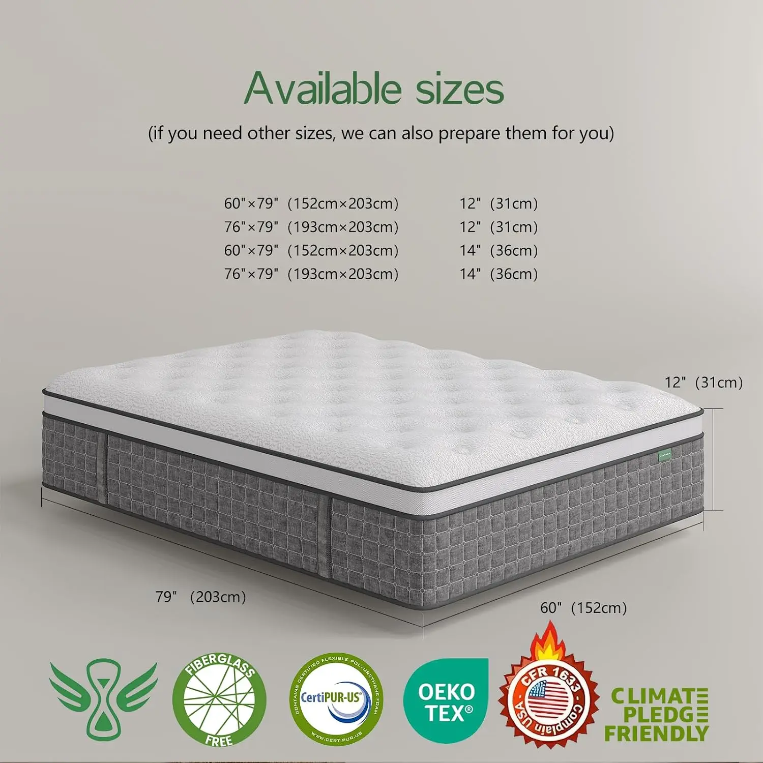 12 Inches Full Size in a Box - Memory Foam & Pocket Springs for Back Pain Relief, Fiberglass Free, Motion Isolation, Customized